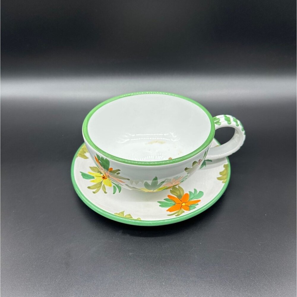 Vintage Italian Hand Painted Floral Cup Saucer Planter Green White Orange Italy